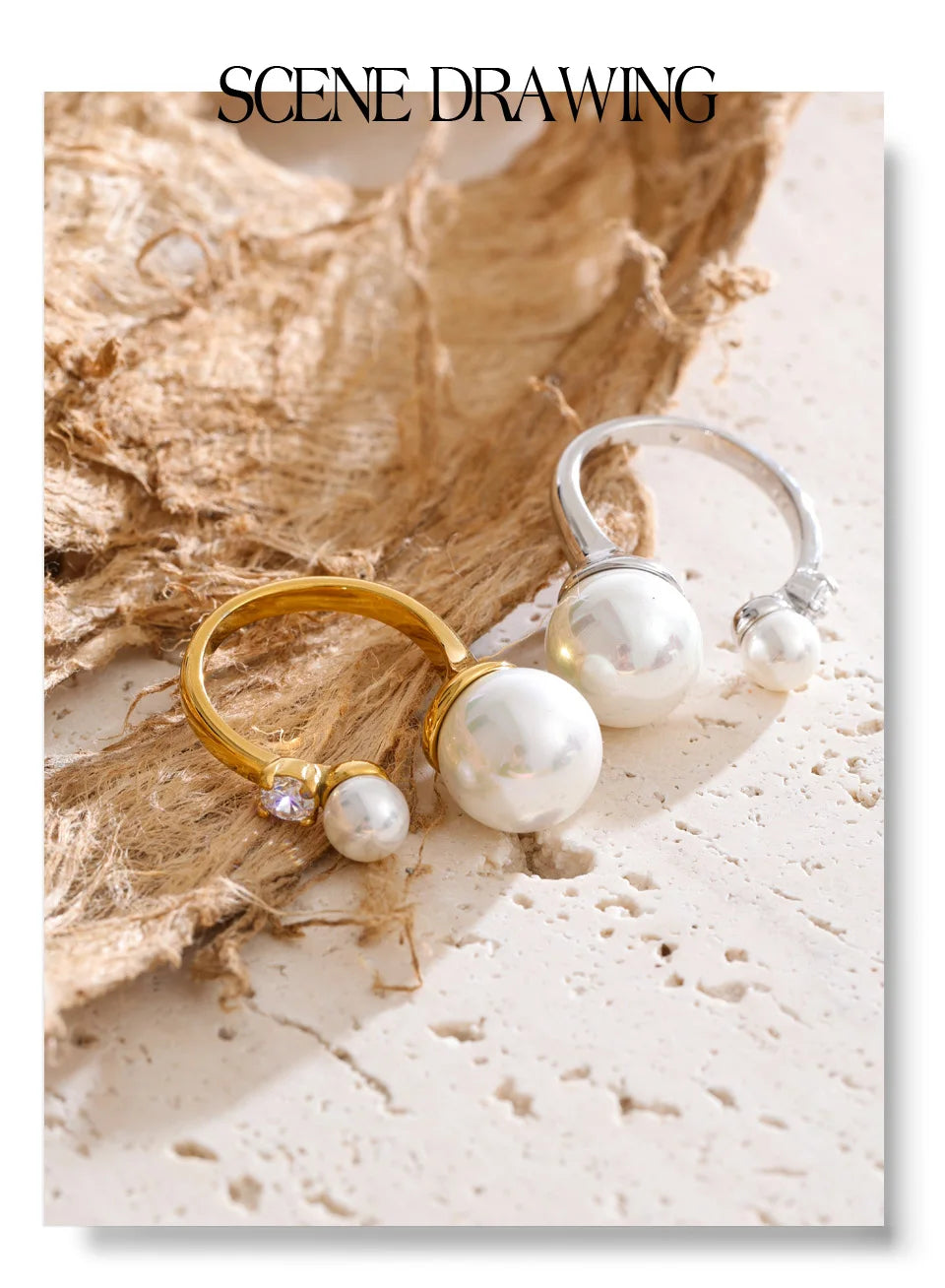 Cubic zirconia pearl geometric ring in 18K gold-plated stainless steel with pearl and cubic zirconia.