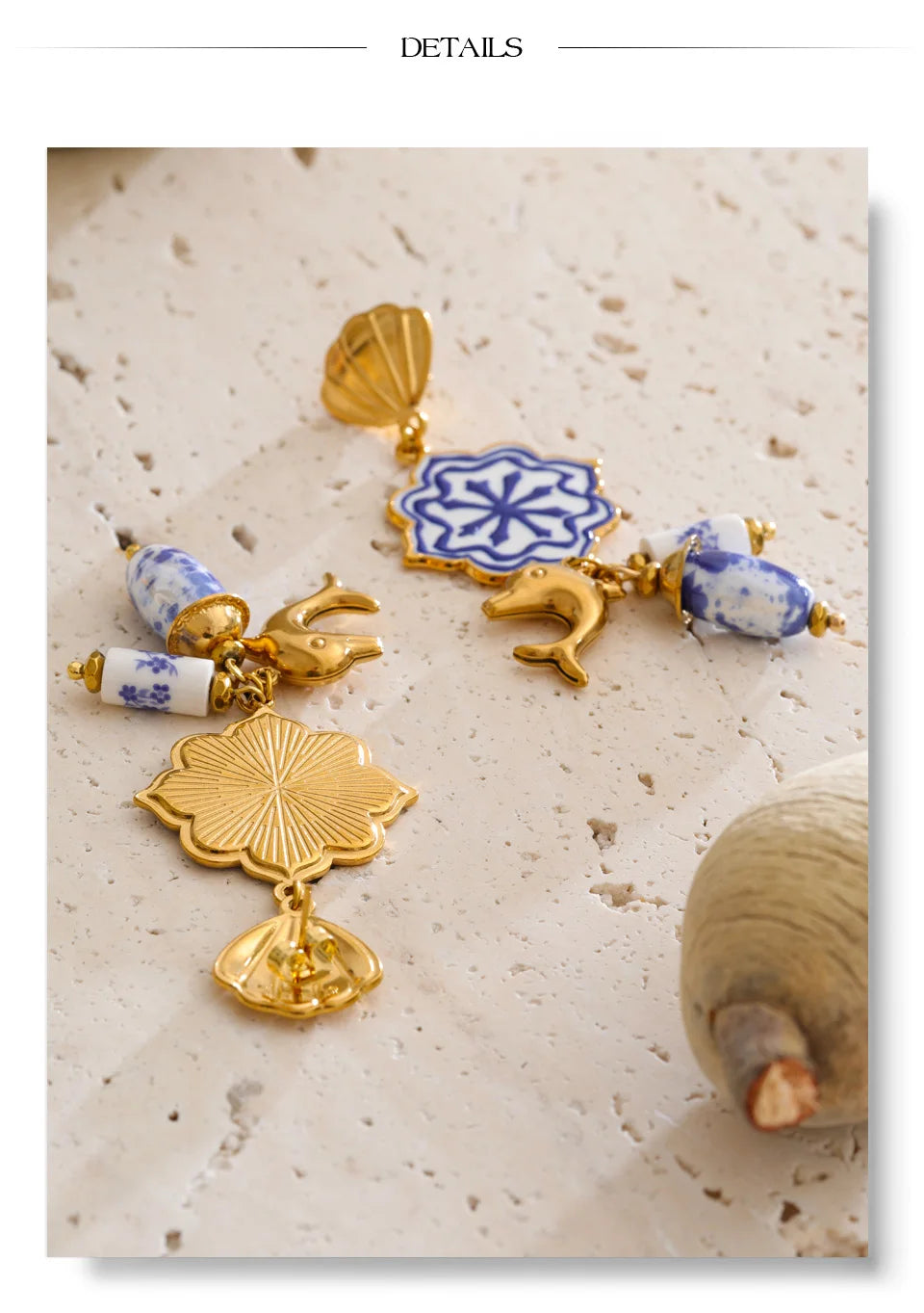 Blue shell enamel earrings in gold-plated stainless steel with shell and enamel.