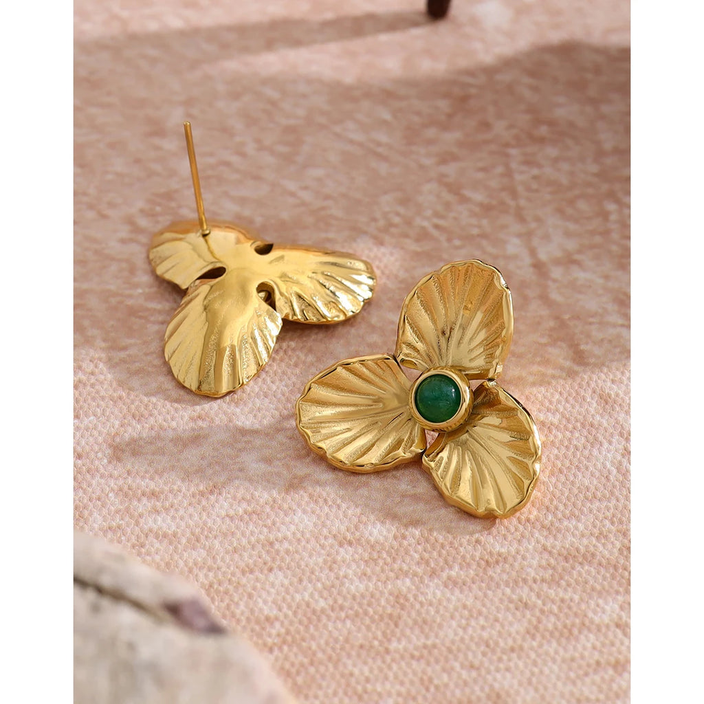 Stud Earrings Floral Vintage Natural Stone — 316L Stainless Steel · PS383