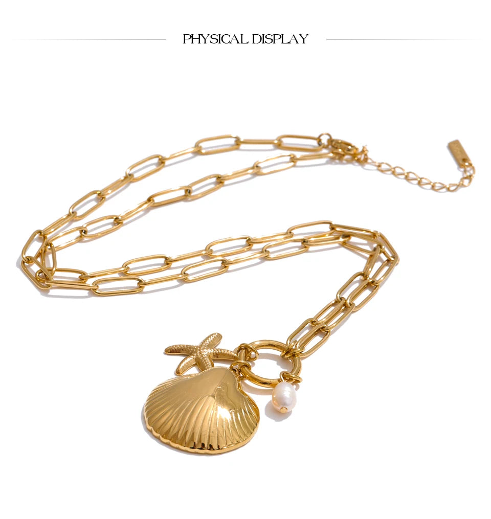 Freshwater Pearl Shell Star Necklace — Gold-Plated Stainless Steel with Freshwater Pearl and Shell · PS2305
