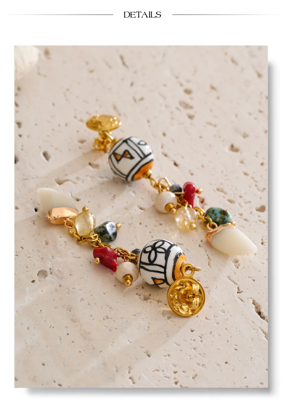 Resin natural stone geometric earrings in gold-plated stainless steel with natural stone and resin.