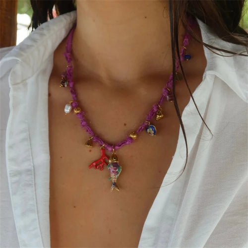 Beach Vacation Dopamine Necklace Coral Pearl Little Fish DIY Necklace Women Gold Plated Color Preserved
