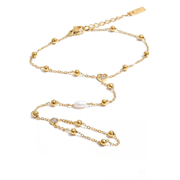 Cubic Zirconia Pearl Geometric Bracelet — Gold-Plated Stainless Steel with Pearl and Cubic Zirconia · PS1330