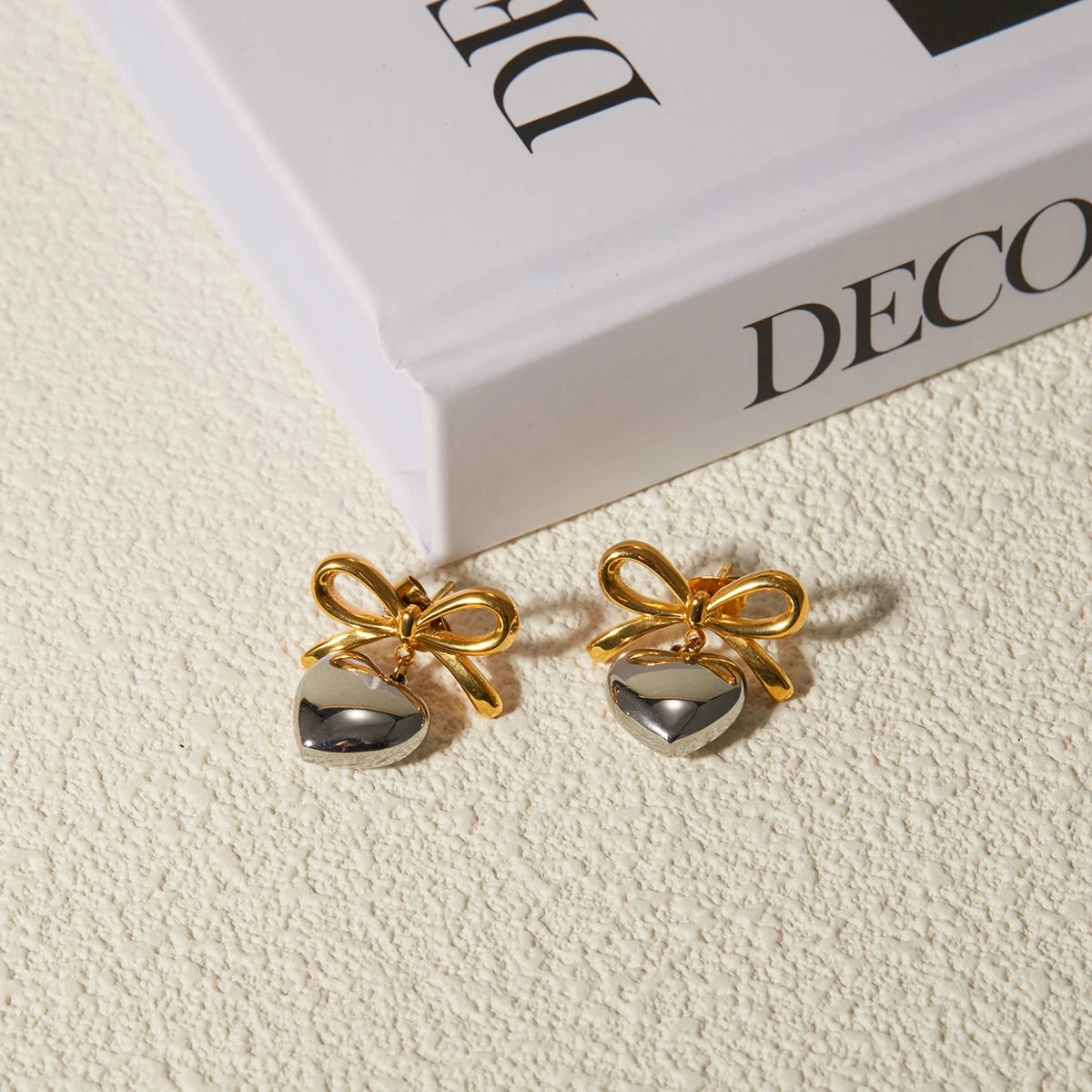 Bow Heart Drop Earrings — Stainless Steel · PS064