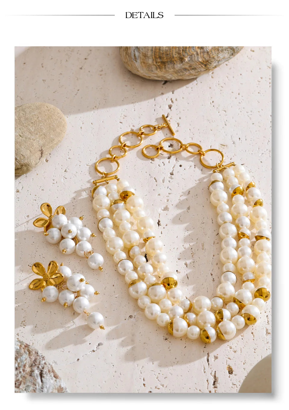 Pearl beaded geometric earrings in gold-plated stainless steel with pearl.