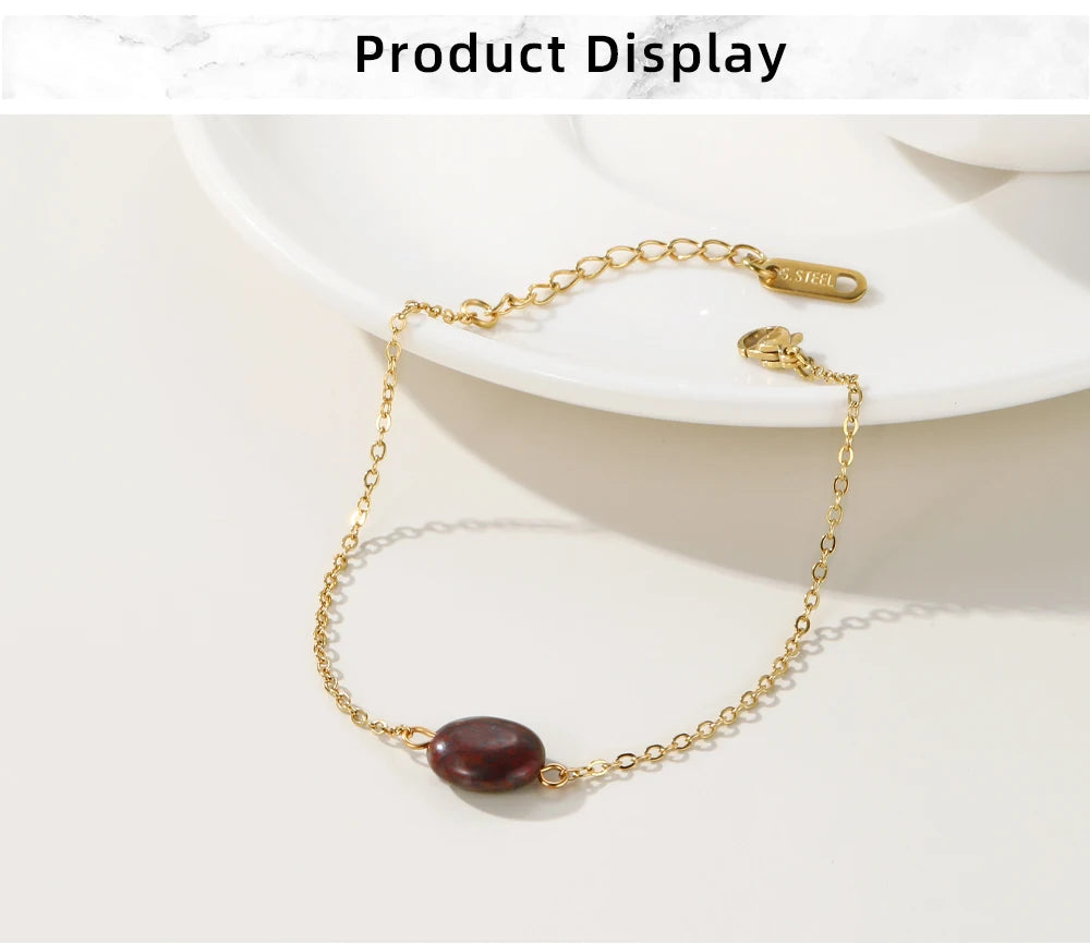 Bracelet Dark Red Natural Stone Pendants Charm — 316L Stainless Steel · PS414