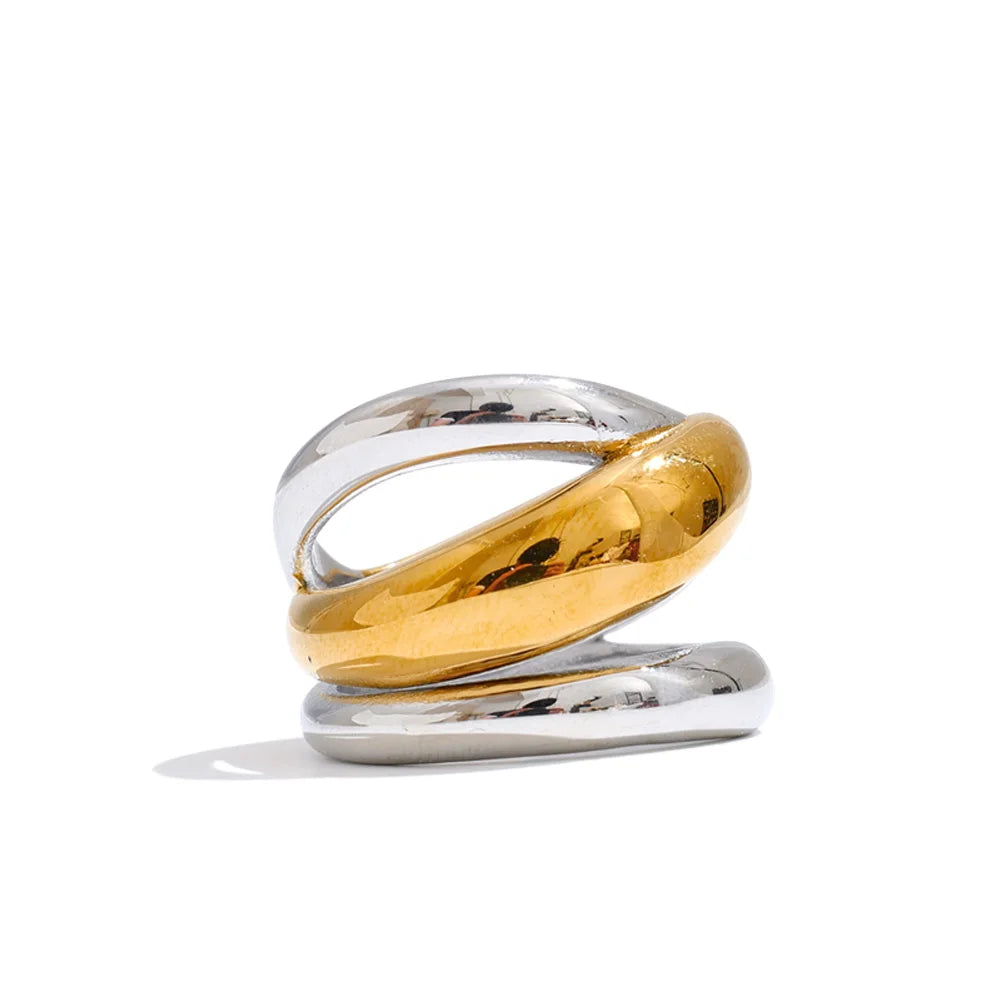 Geometric layered ring in 18K gold-plated stainless steel.