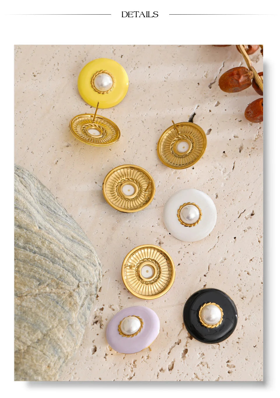 Pearl Enamel Multi-Color Earrings — Gold-Plated Stainless Steel with Pearl and Enamel · PS1521