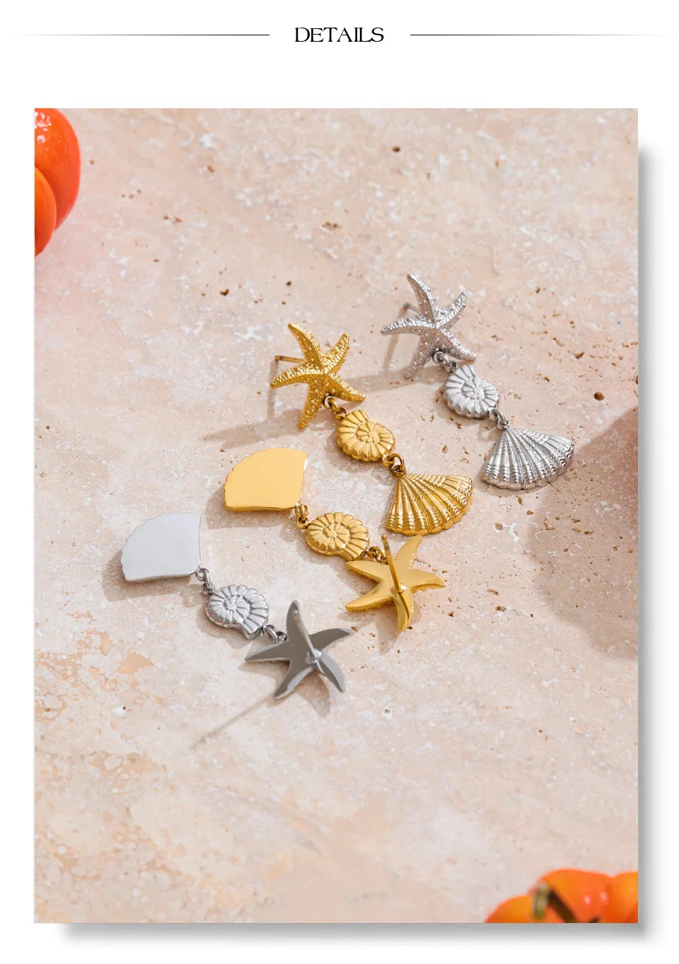 Shell star geometric earrings in gold-plated stainless steel with shell.
