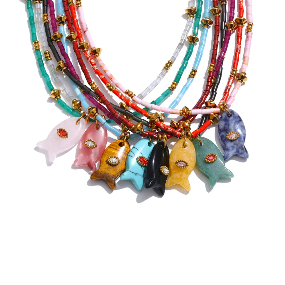 Colorful necklace with gold-plated fish charms.