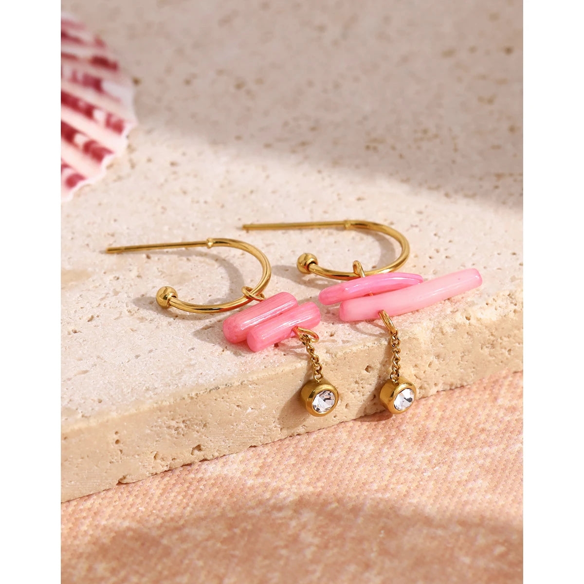 Pink Coral Dangle Earrings — 316L Stainless Steel · PS405