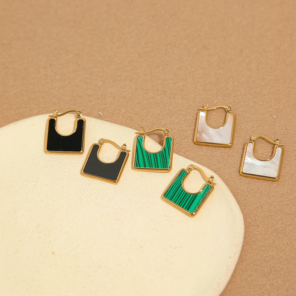 Hoop Earrings Vintage Square Natural Stone — 316L Stainless Steel · PS399