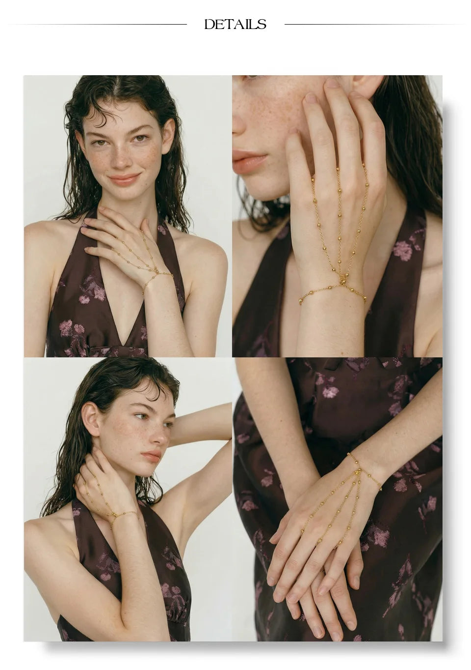 Beaded geometric chain necklace in gold-plated stainless steel.