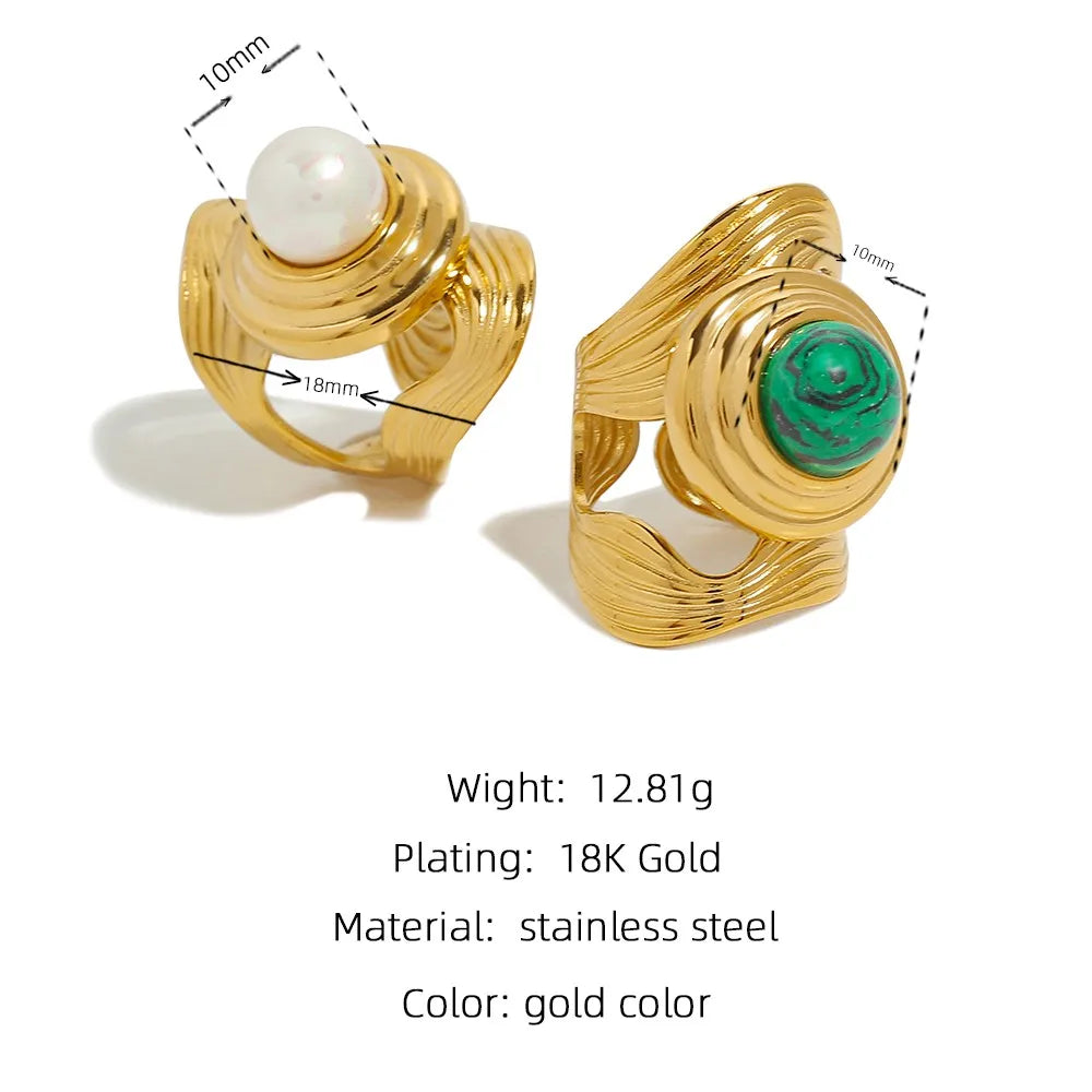 Wide Natural Stone Metal Texture Ring — 316L Stainless Steel · PS454