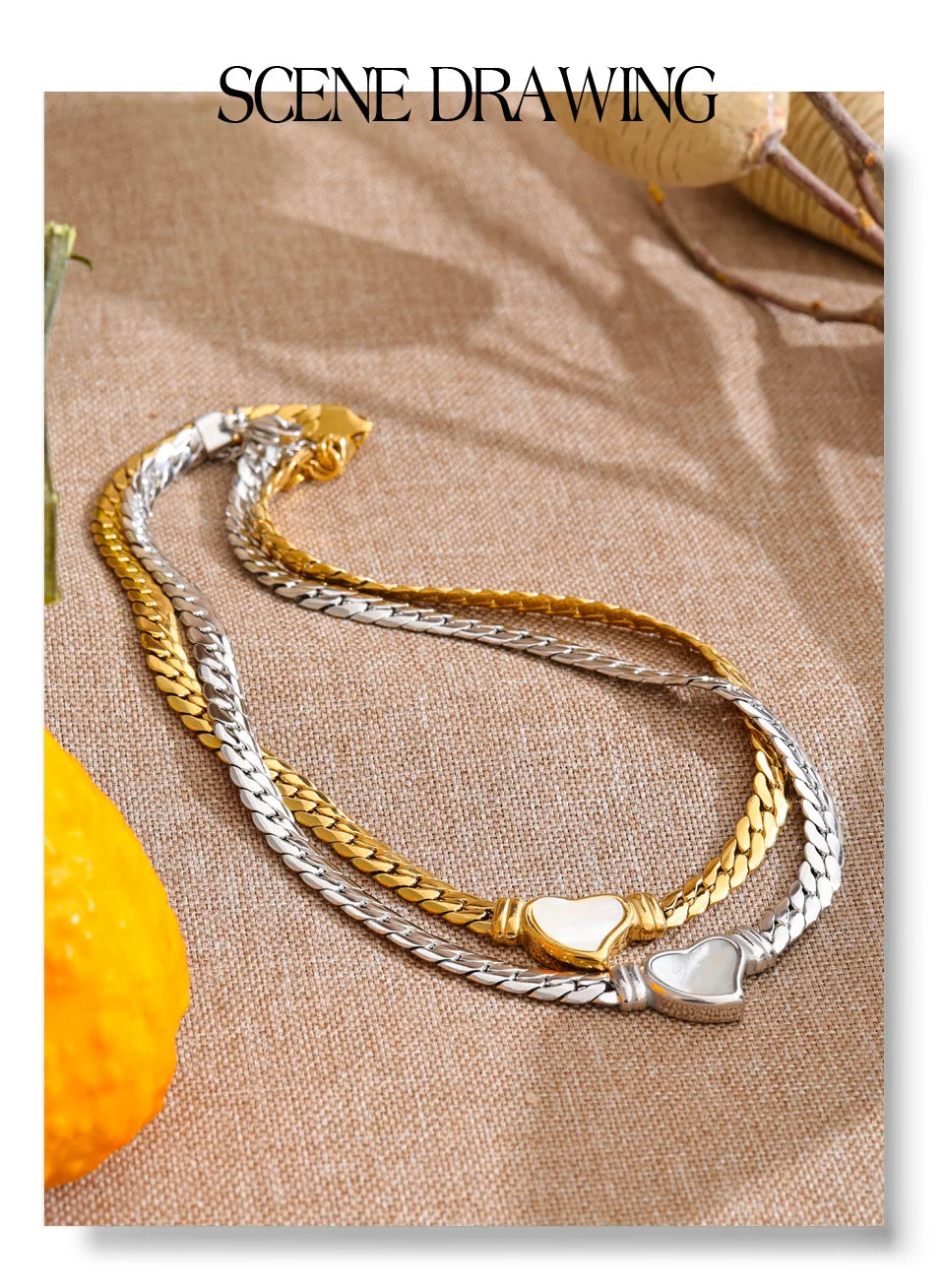 Shell heart chain necklace in gold-plated stainless steel with shell.