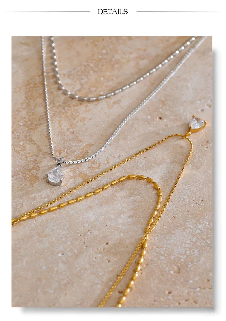 Cubic zirconia geometric layered necklace in gold-plated stainless steel with cubic zirconia.