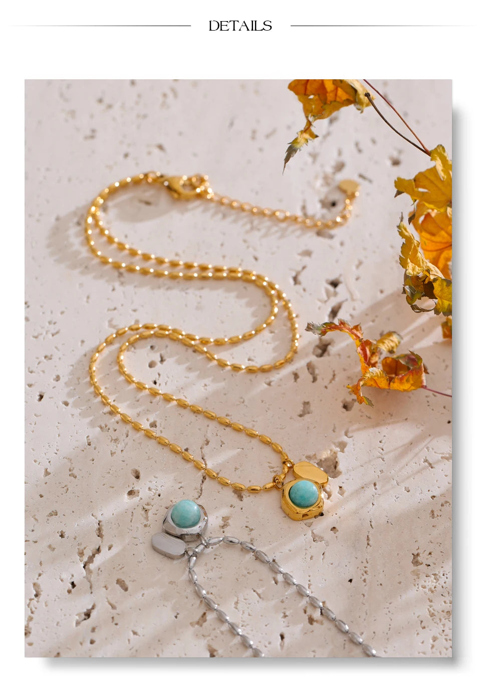 Natural stone geometric necklace in gold-plated stainless steel with natural stone.