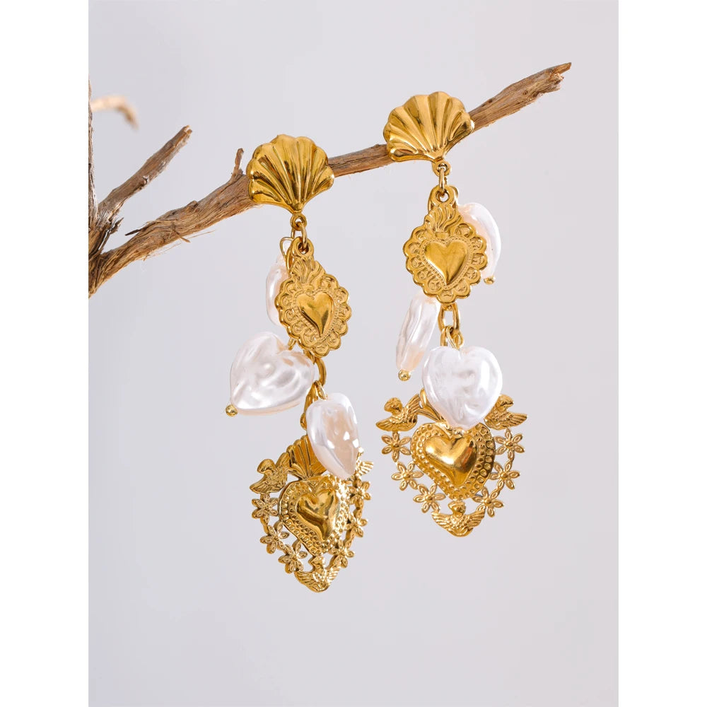 Pearl Heart Earrings — Gold-Plated Stainless Steel with Pearl · PS1587