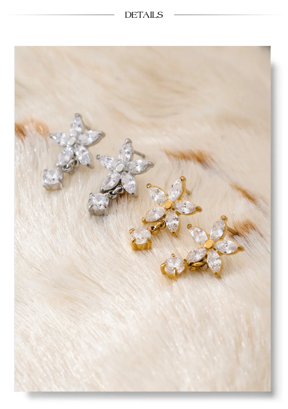 Cubic Zirconia Flower Earrings — Gold-Plated Stainless Steel with Cubic Zirconia · PS932