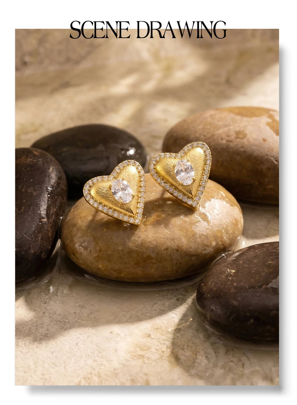 Cubic zirconia heart earrings in gold-plated stainless steel with cubic zirconia.