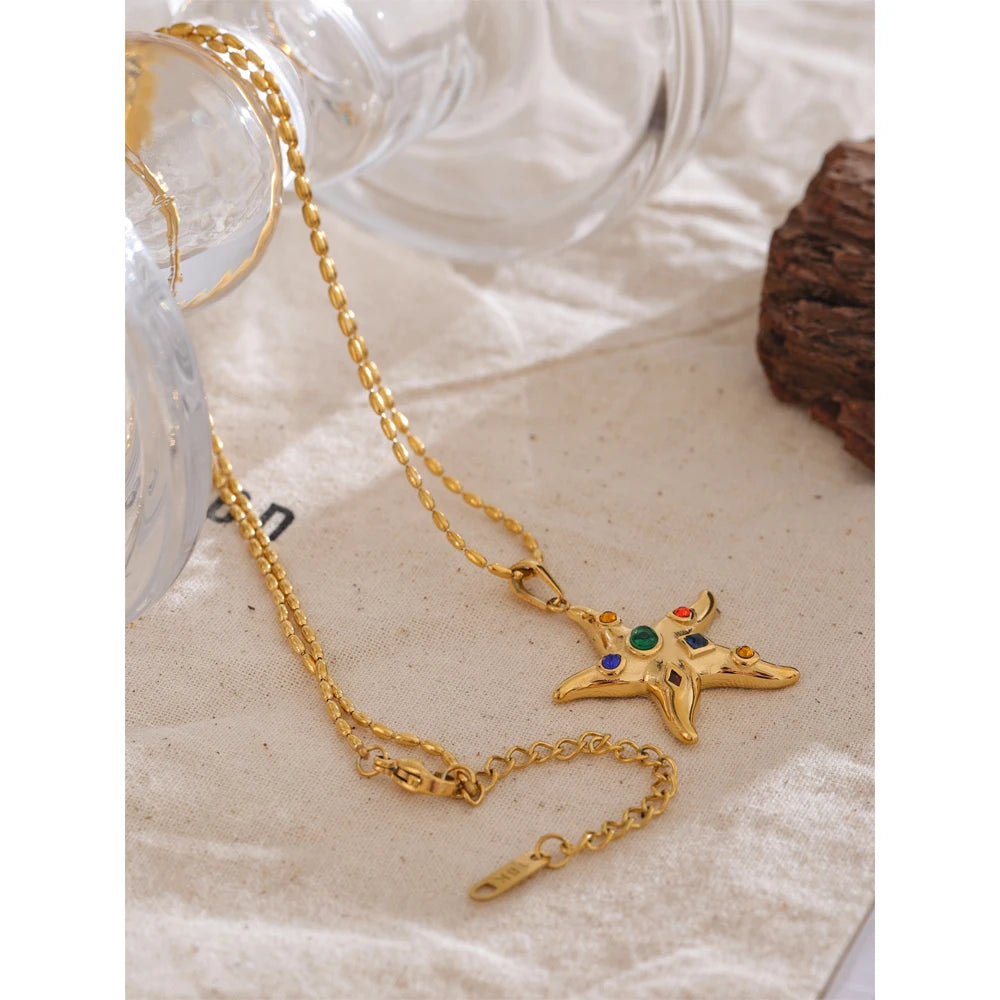 Cubic Zirconia Star Multi-Color Necklace — Gold-Plated Stainless Steel with Cubic Zirconia · PS2308
