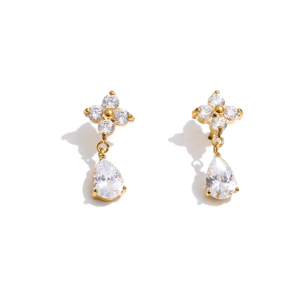 Cubic Zirconia Flower Earrings — Gold-Plated Stainless Steel with Cubic Zirconia · PS1166
