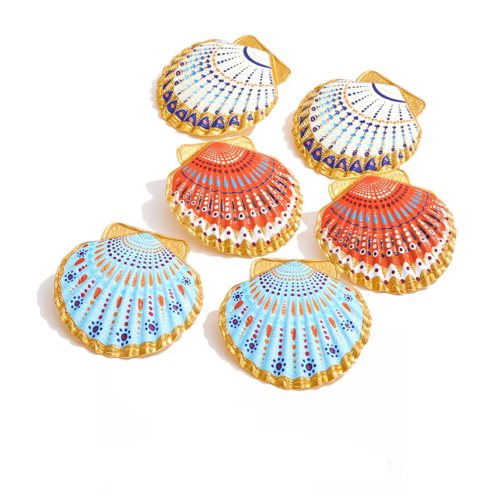 Gold-plated stainless steel earrings with blue and red enamel accents.