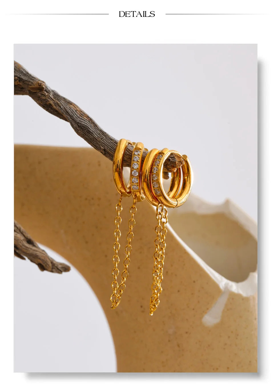 Cubic Zirconia Geometric Chain Earrings — Gold-Plated Stainless Steel with Cubic Zirconia · PS1462