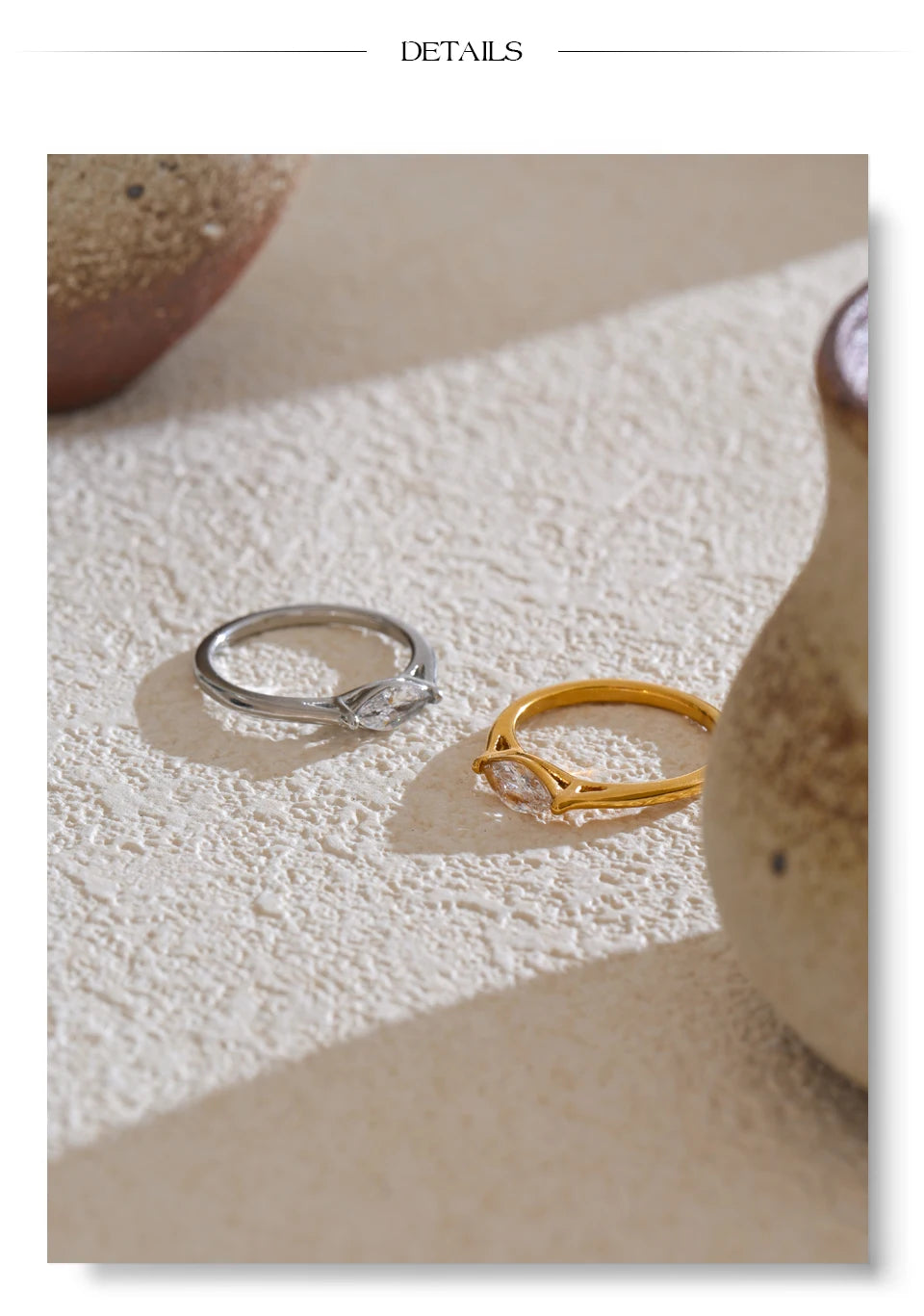 Cubic zirconia geometric ring in 18K gold-plated stainless steel with cubic zirconia.