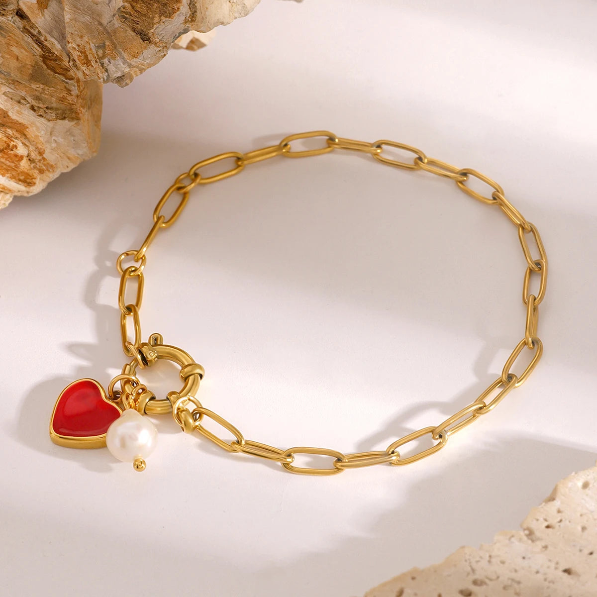 Heart Pearl Chain Bracelet — Stainless Steel · PS032