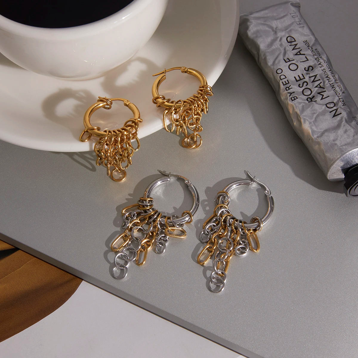 Chain Tassel Hoop Earrings — Stainless Steel · PS106