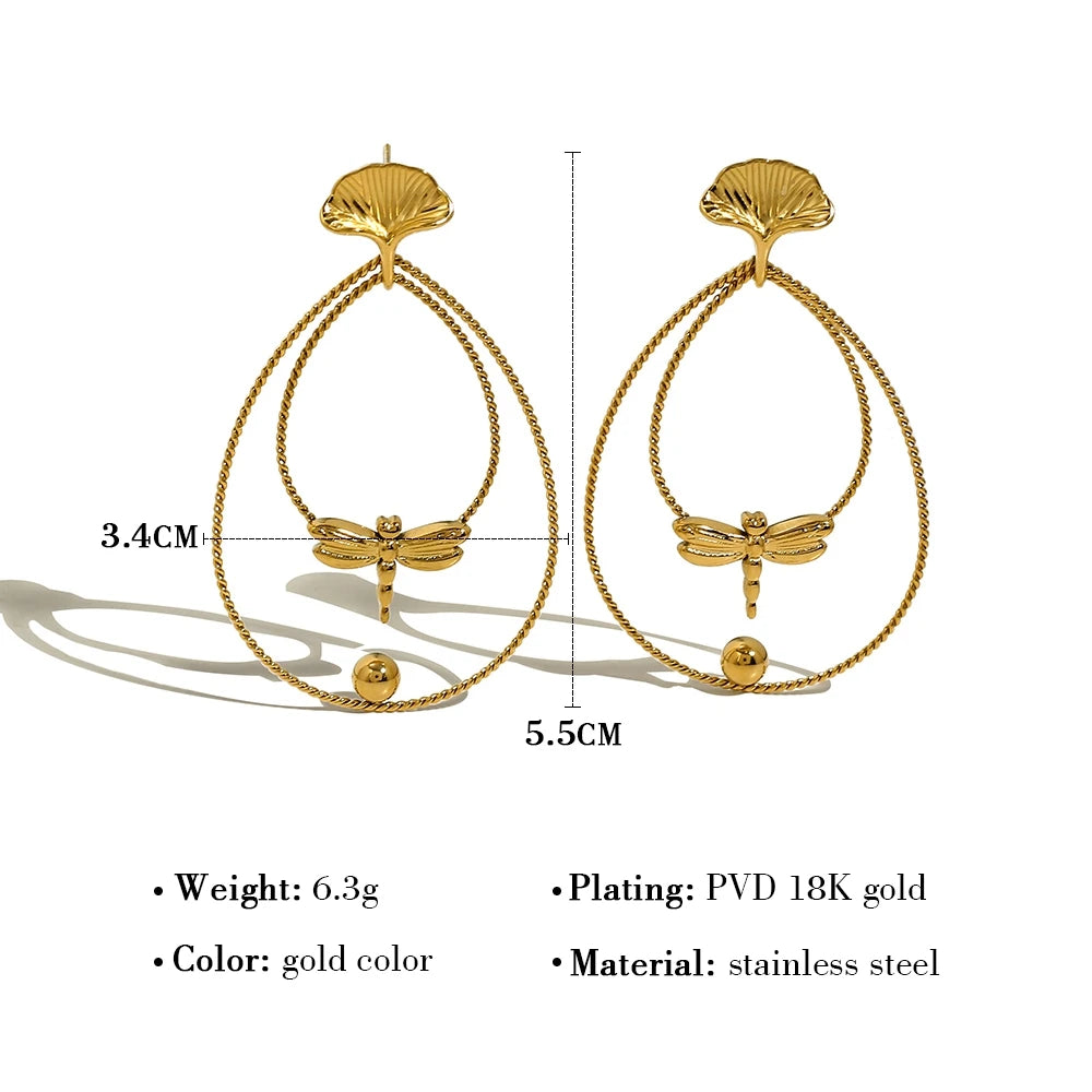 Drop Earrings Dragonfly Ginkgo Leaf — 316L Stainless Steel · PS395