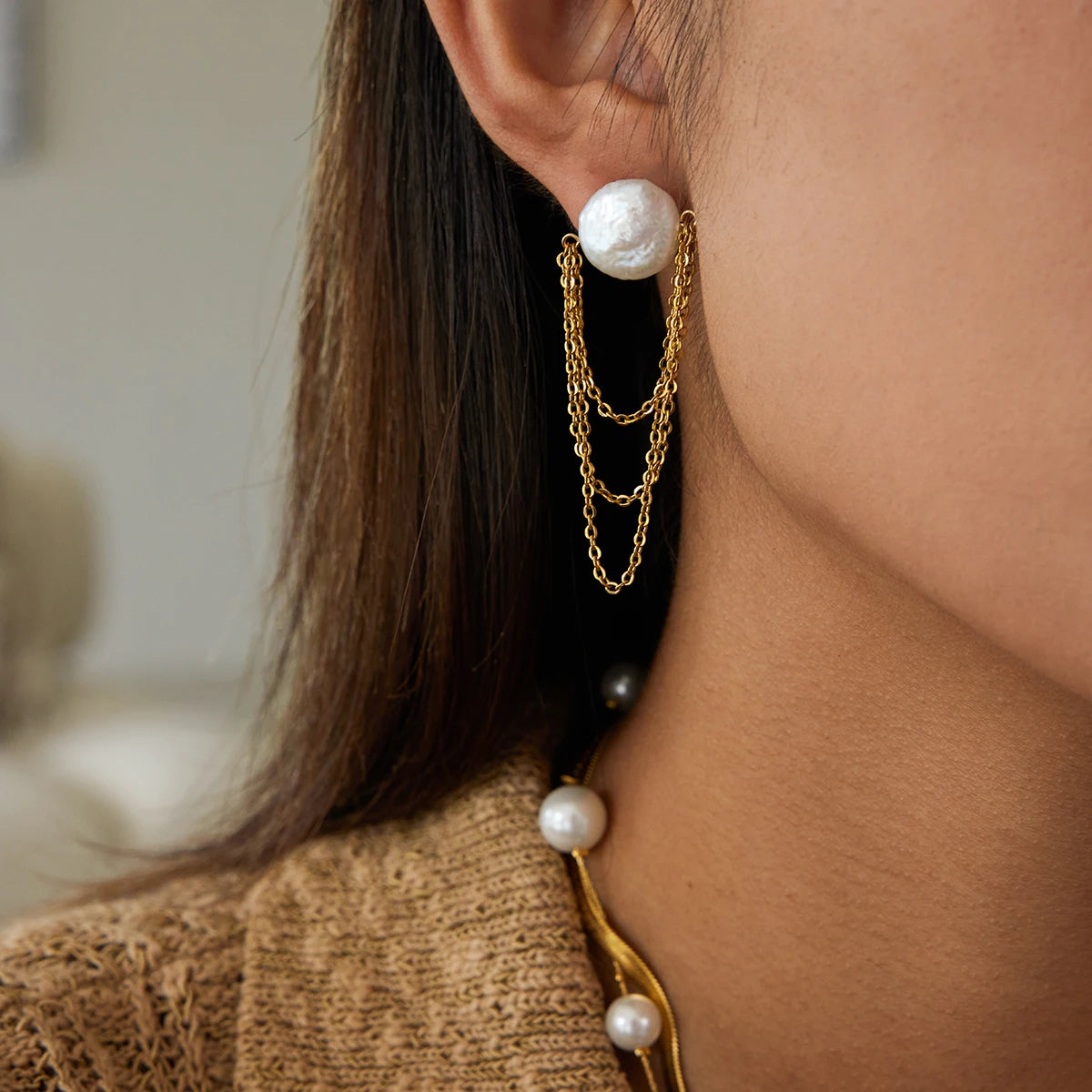 Pearl Chain Ear Cuff Earrings — Stainless Steel · PS084