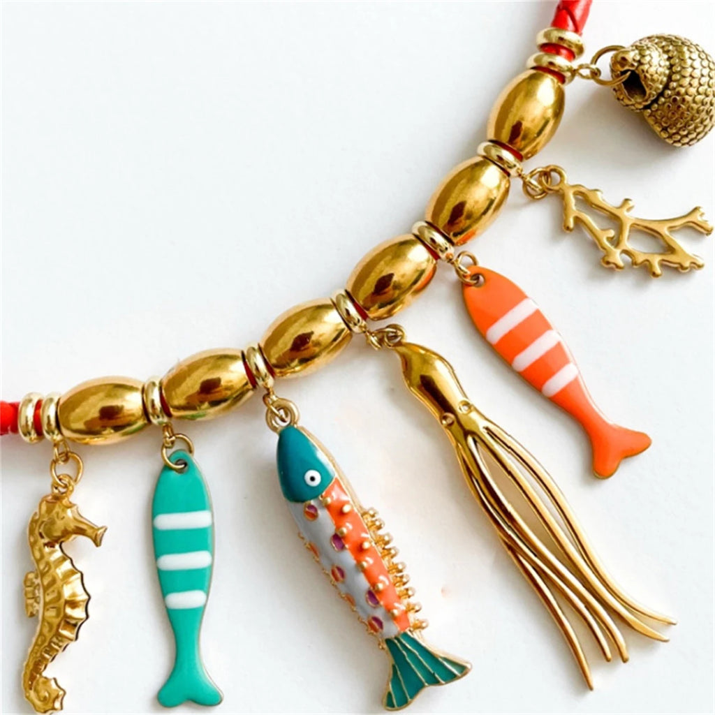 Seahorse Octopus Conch Clown Fish Multi Pendant Necklace Women's Gold Plated Color Preserved