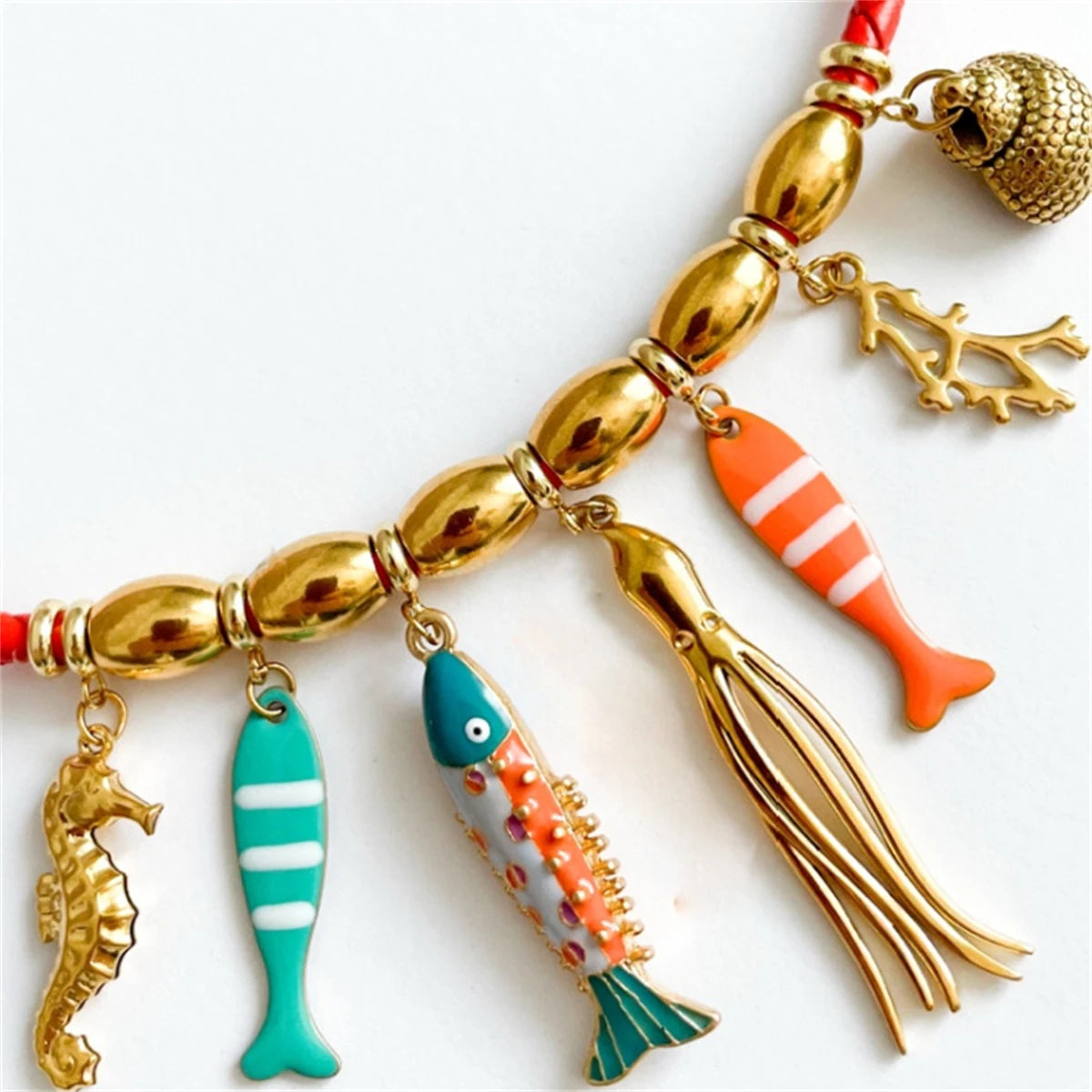 Seahorse Octopus Conch Clown Fish Multi Pendant Necklace Women's Gold Plated Color Preserved