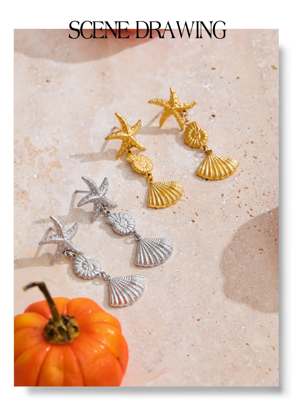 Shell star geometric earrings in gold-plated stainless steel with shell.
