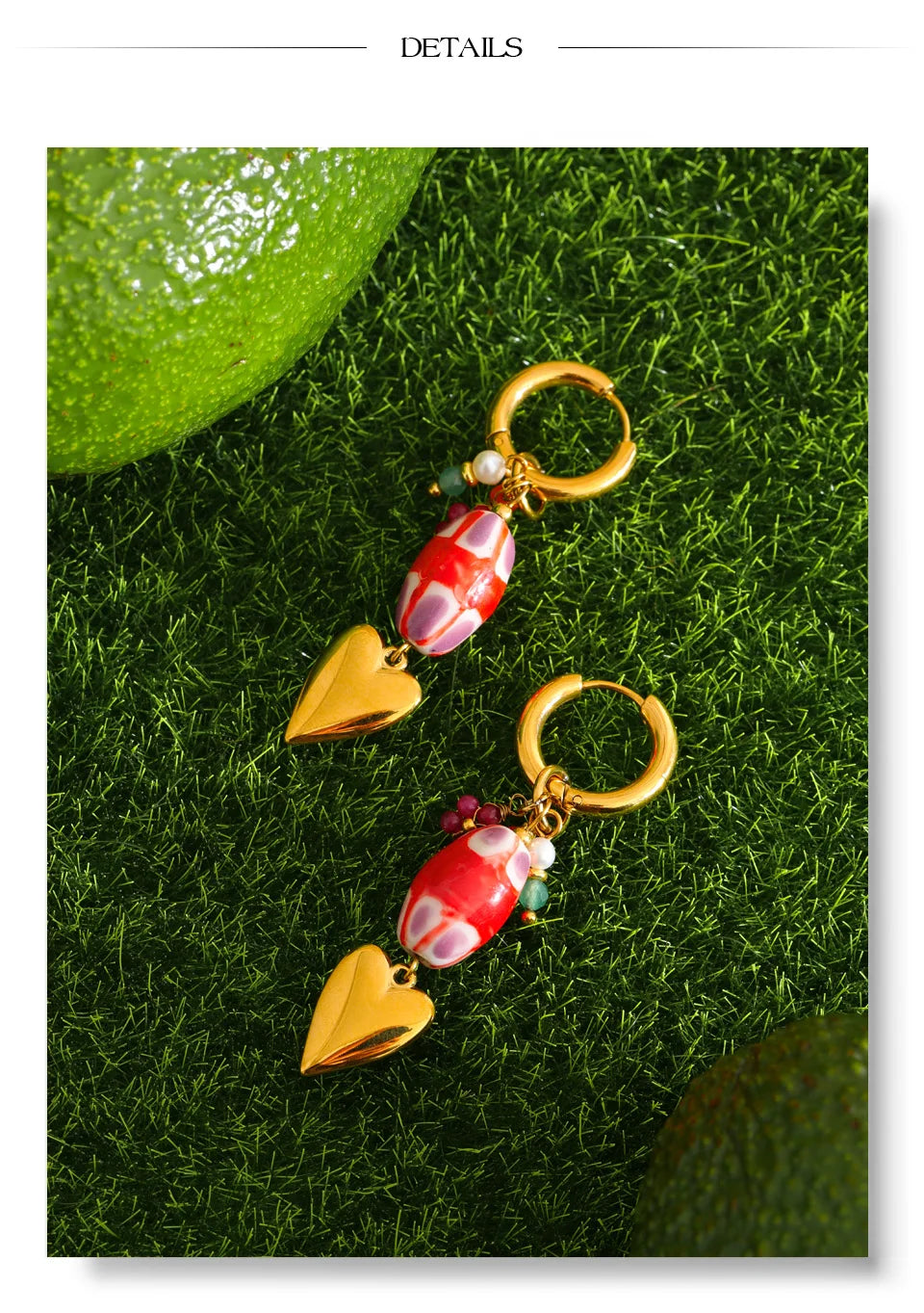 Red heart earrings in gold-plated stainless steel.
