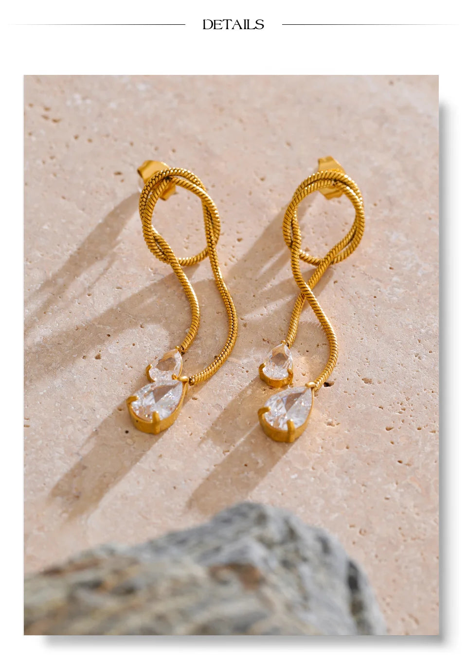 Cubic Zirconia Geometric Chain Earrings — Gold-Plated Stainless Steel with Cubic Zirconia · PS1608