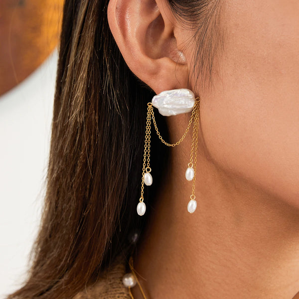 Pearl Chain Tassel Earrings — Stainless Steel · PS083