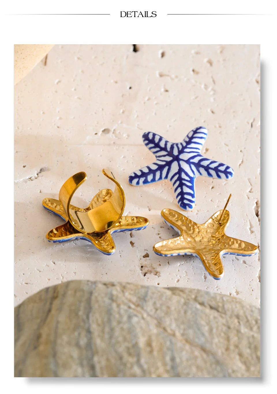 Blue star geometric earrings in gold-plated stainless steel.