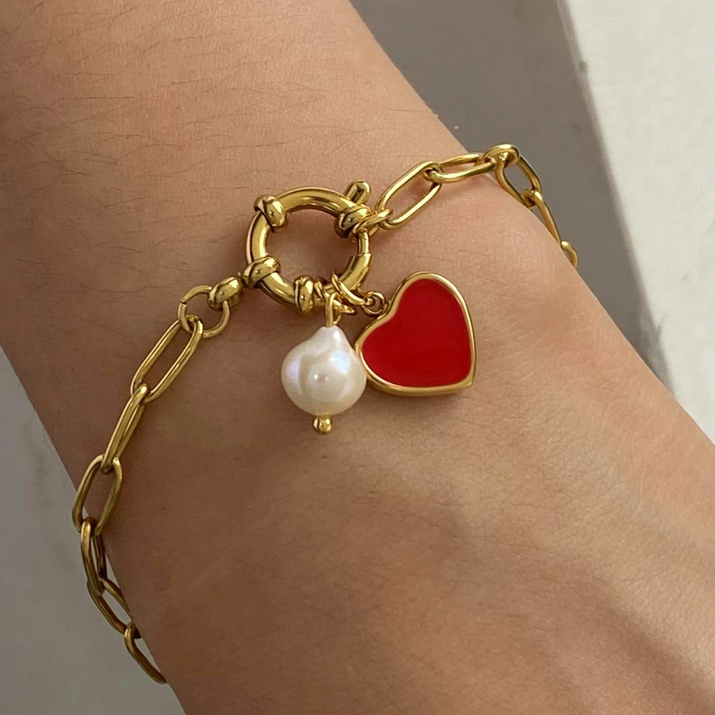 Heart Pearl Chain Bracelet — Stainless Steel · PS032