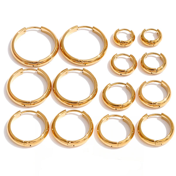 Gold-plated stainless steel hoop earrings in a set.