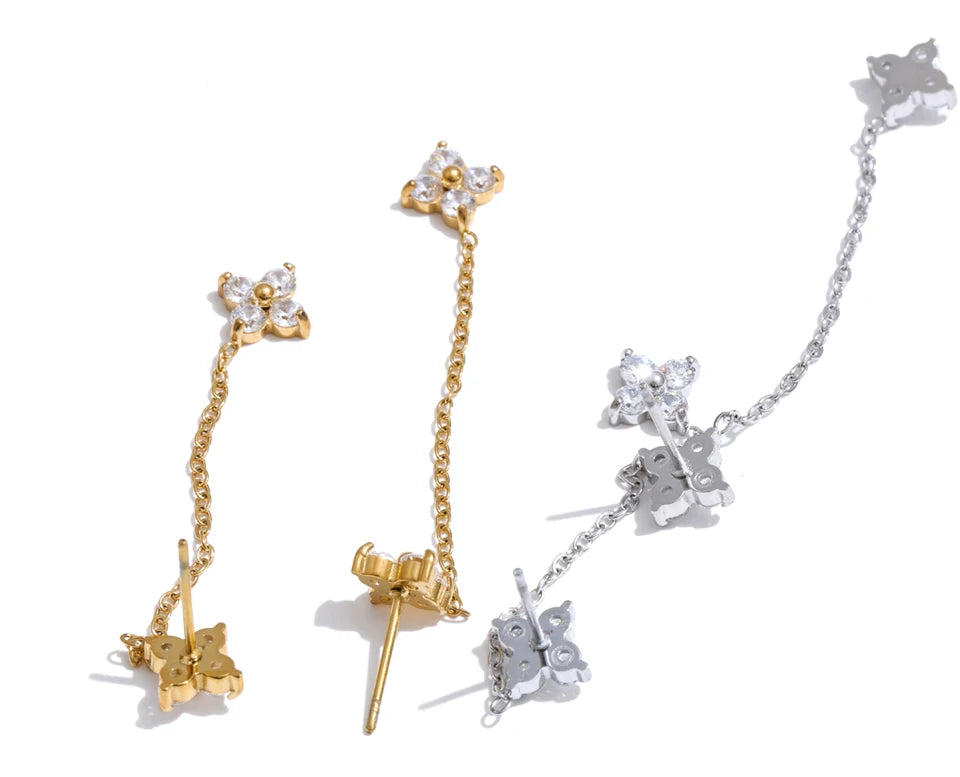 Cubic Zirconia Flower Chain Earrings — Gold-Plated Stainless Steel with Cubic Zirconia · PS1290