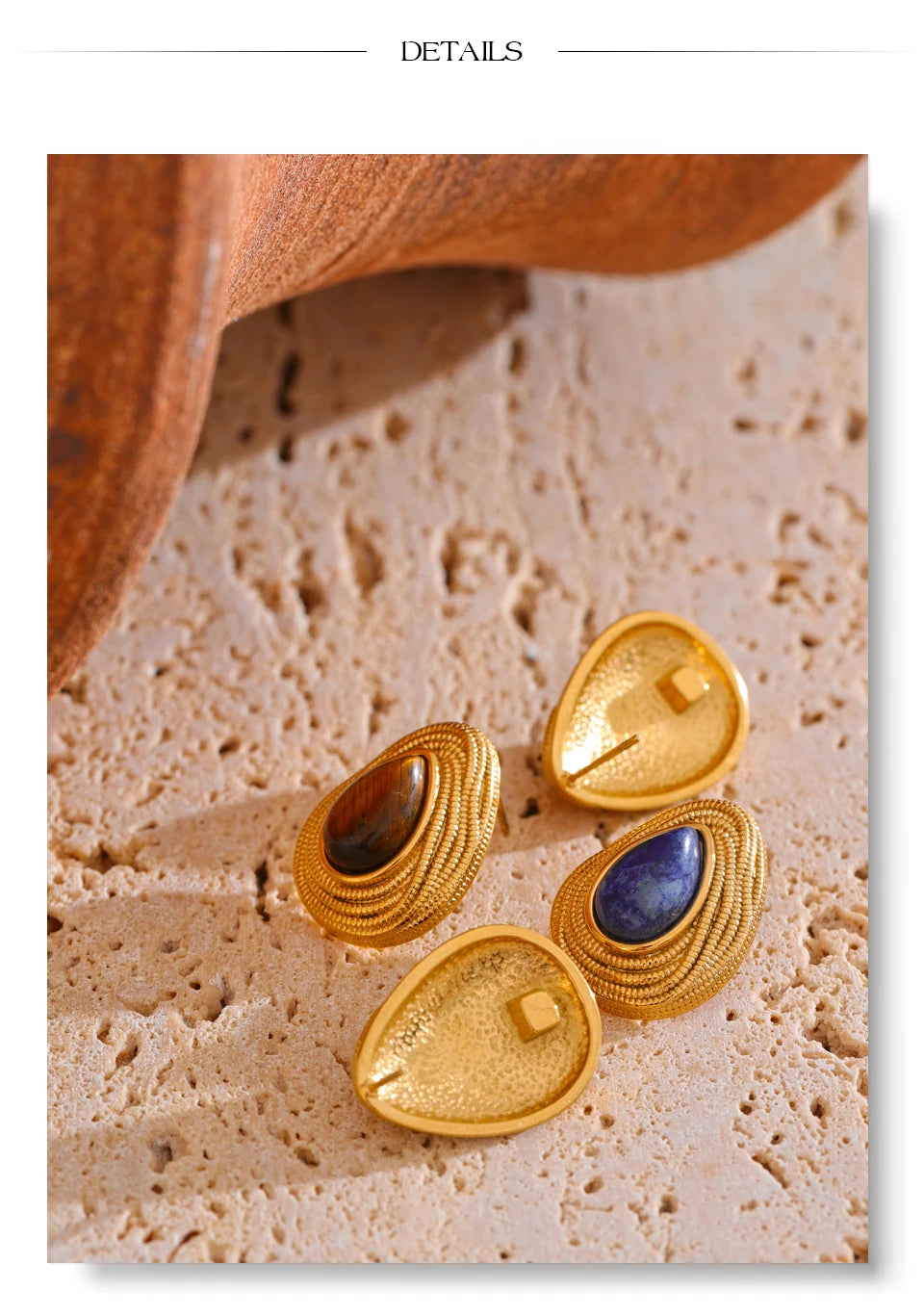 Natural stone geometric earrings in gold-plated stainless steel with natural stone.