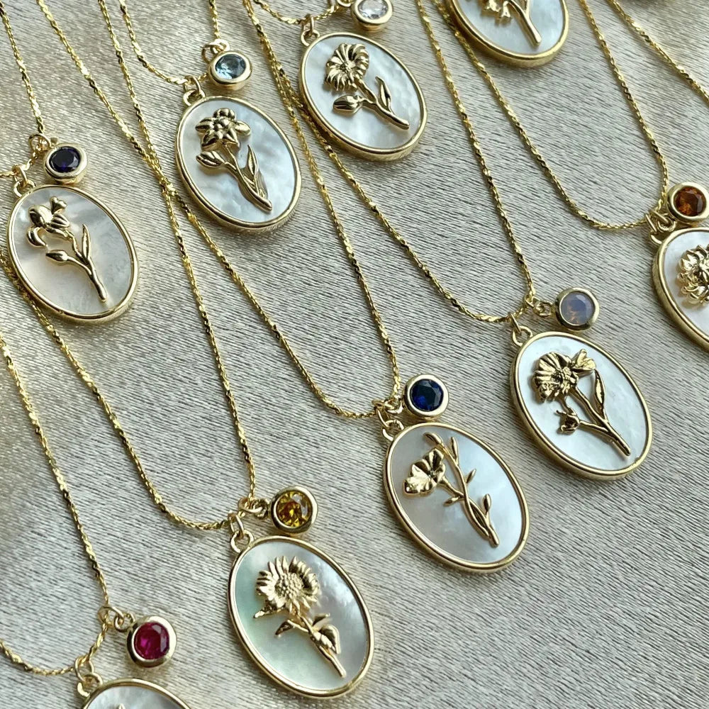 Birth Flower Shell Pendant Necklace — Stainless Steel · PS133