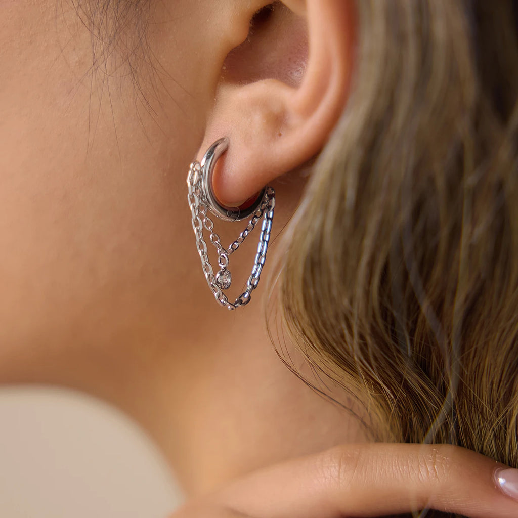 CZ Chain Drop Hoop Earrings — Stainless Steel · PS049