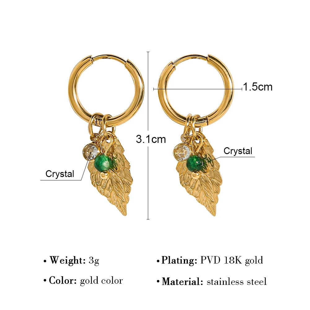 Hoop Earrings Metal Leaf Crystal Pendants — 316L Stainless Steel · PS457