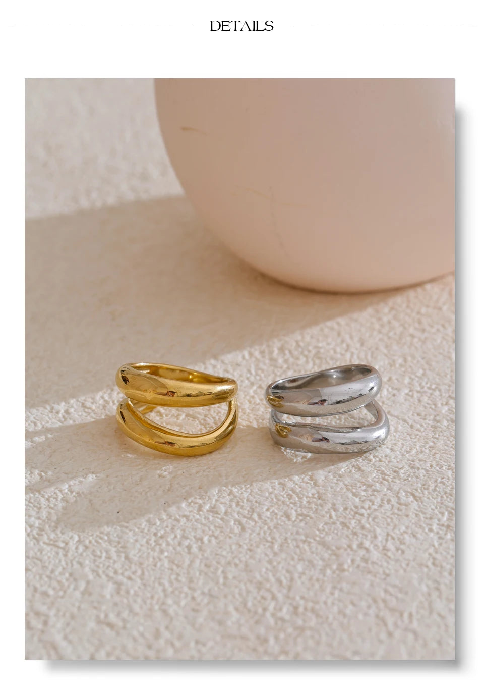 Geometric layered ring in gold-plated stainless steel.