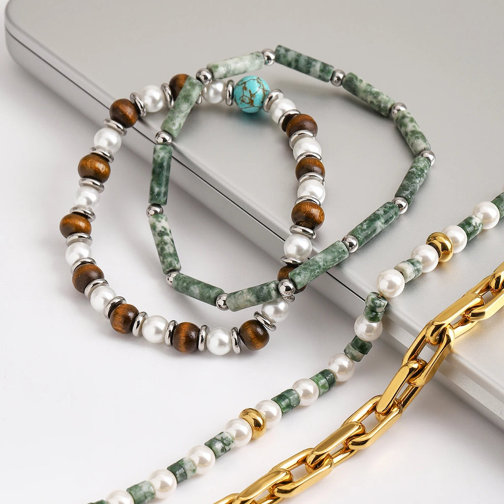 Green Bead Chain Bracelet Stack — Stainless Steel · PS016