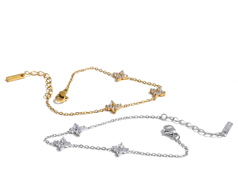 Cubic Zirconia Flower Chain Bracelet — Gold-Plated Stainless Steel with Cubic Zirconia · PS1539